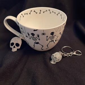 Adorable Halloween rhinestone skull pin & keychain with skeleton china mug